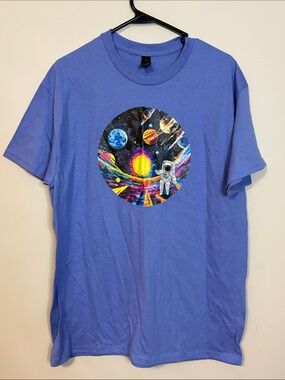 Handmade Space Graphic Tee in Periwinkle with Astronaut Print unisex large tee